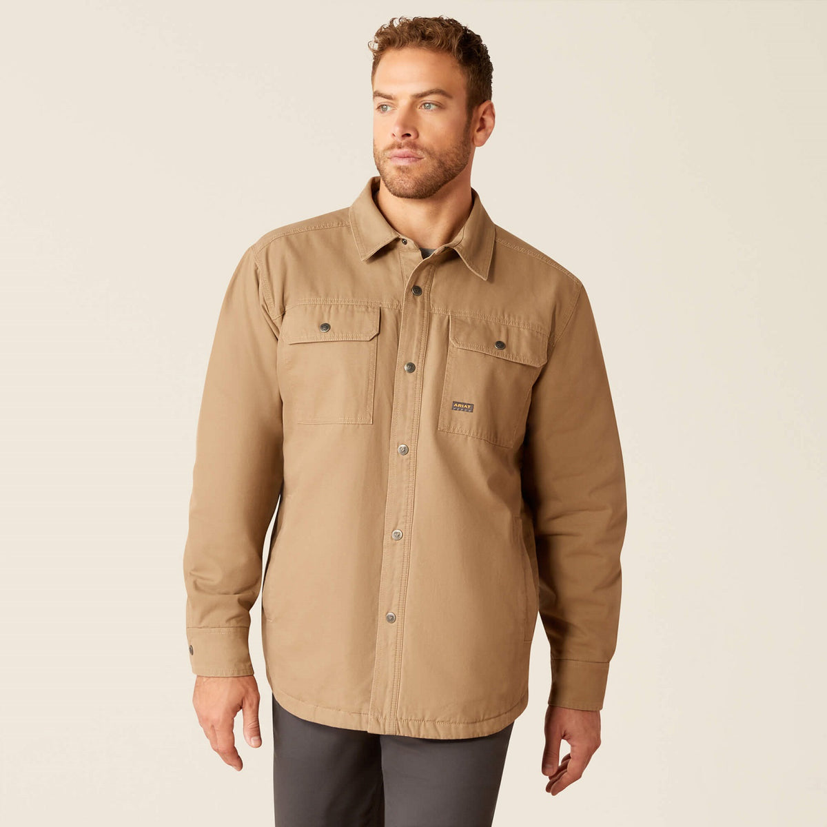 Ariat Men&#39;s Rebar Canvas Snap-Front Shirt Jacket_Khaki - Work World - Workwear, Work Boots, Safety Gear