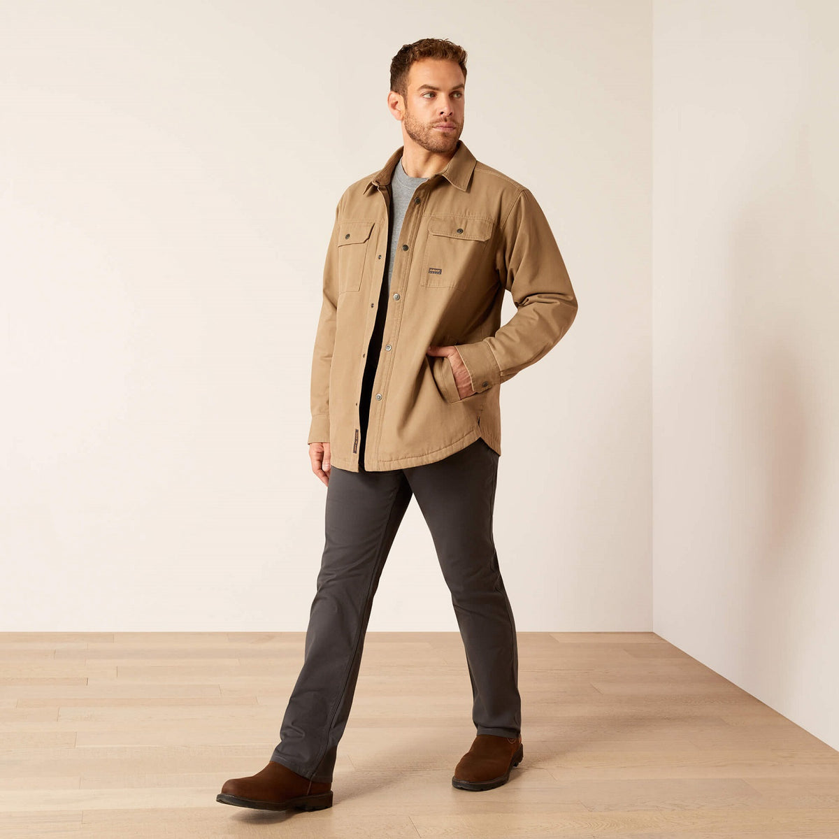 Ariat Men&#39;s Rebar Canvas Snap-Front Shirt Jacket_Khaki - Work World - Workwear, Work Boots, Safety Gear